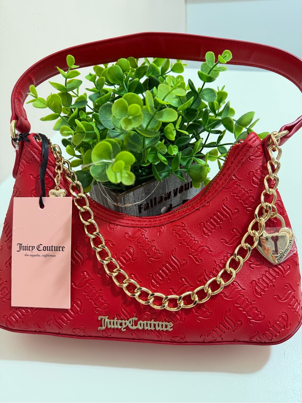 Juicy Couture Red Embossed Shoulder Bag with Gold Chain
